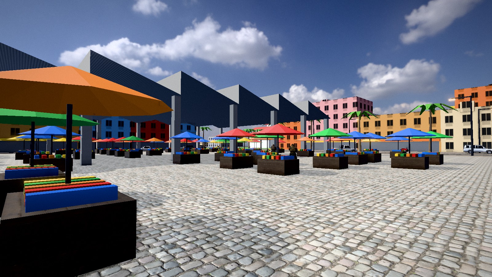 Le marché couvert de Douala dans le jeu, avec ses parasols colorés